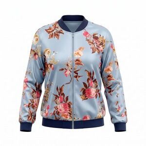 Belle + Sky Floral Bomber Jacket 2X Blue Satin‎ Zip Up Botanical Soft Girl Core